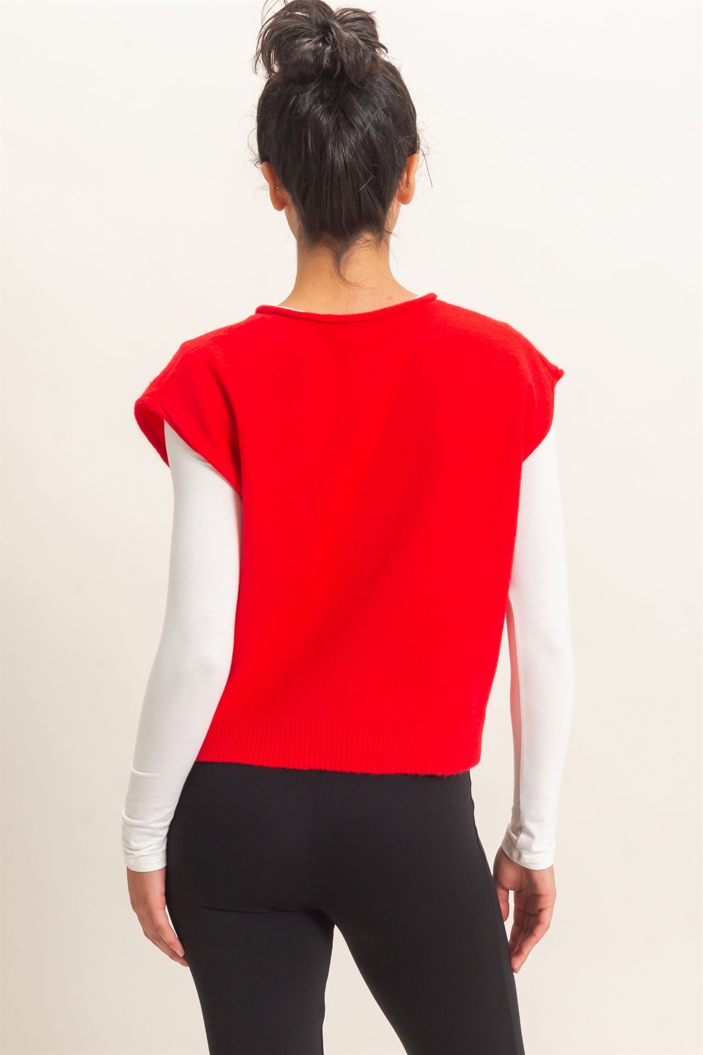 Rolled Edge Button Front Sweater Vest in Red