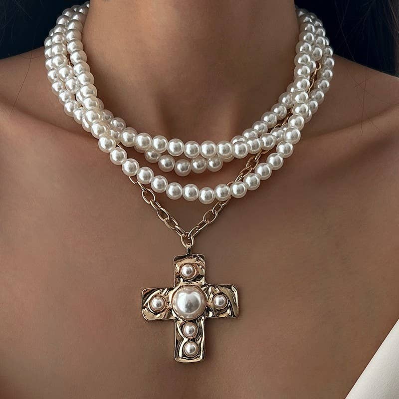 MULTI WRAP PEARL BEADED CROSS CHARM NECKLACE | GOLD