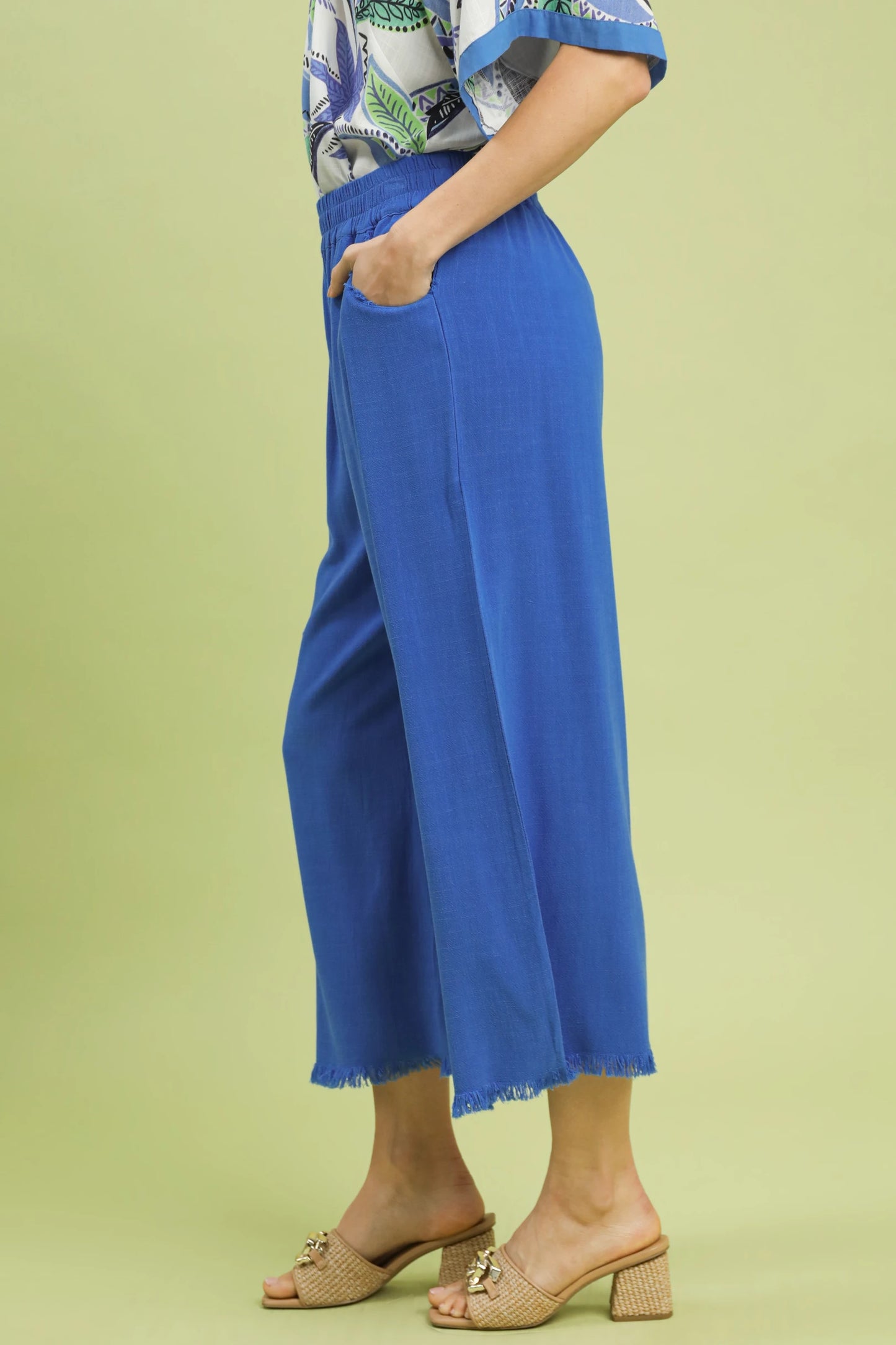 Frayed Hem Wide-Leg Pants Cerulean
