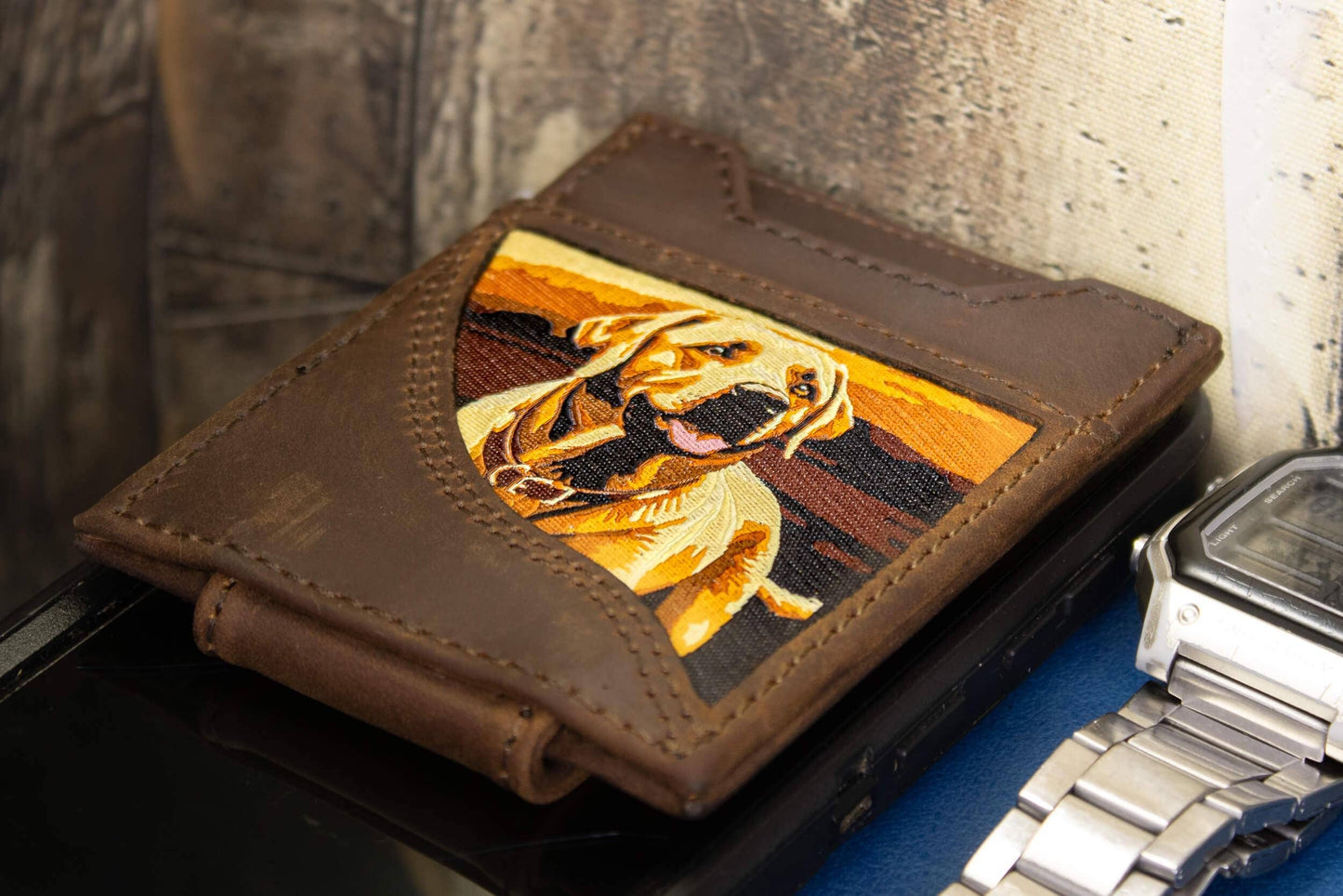 Lab Men's Magnetic Front Pocket Woven Patch Leather Wallet.