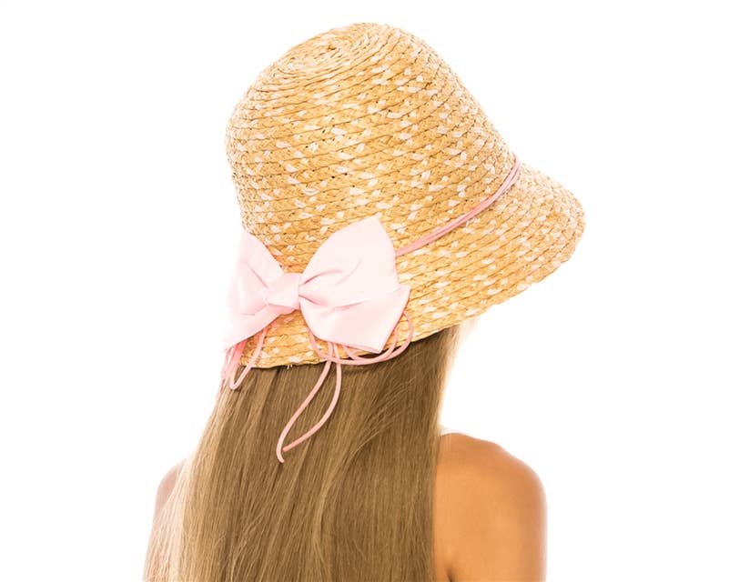 Kids Raffia Straw Bucket Hat with Bow Pink