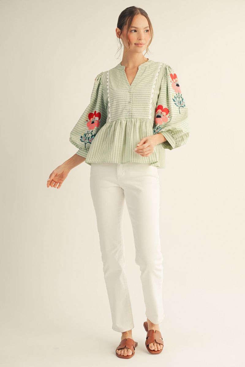 Embroider Peplum Top Sage