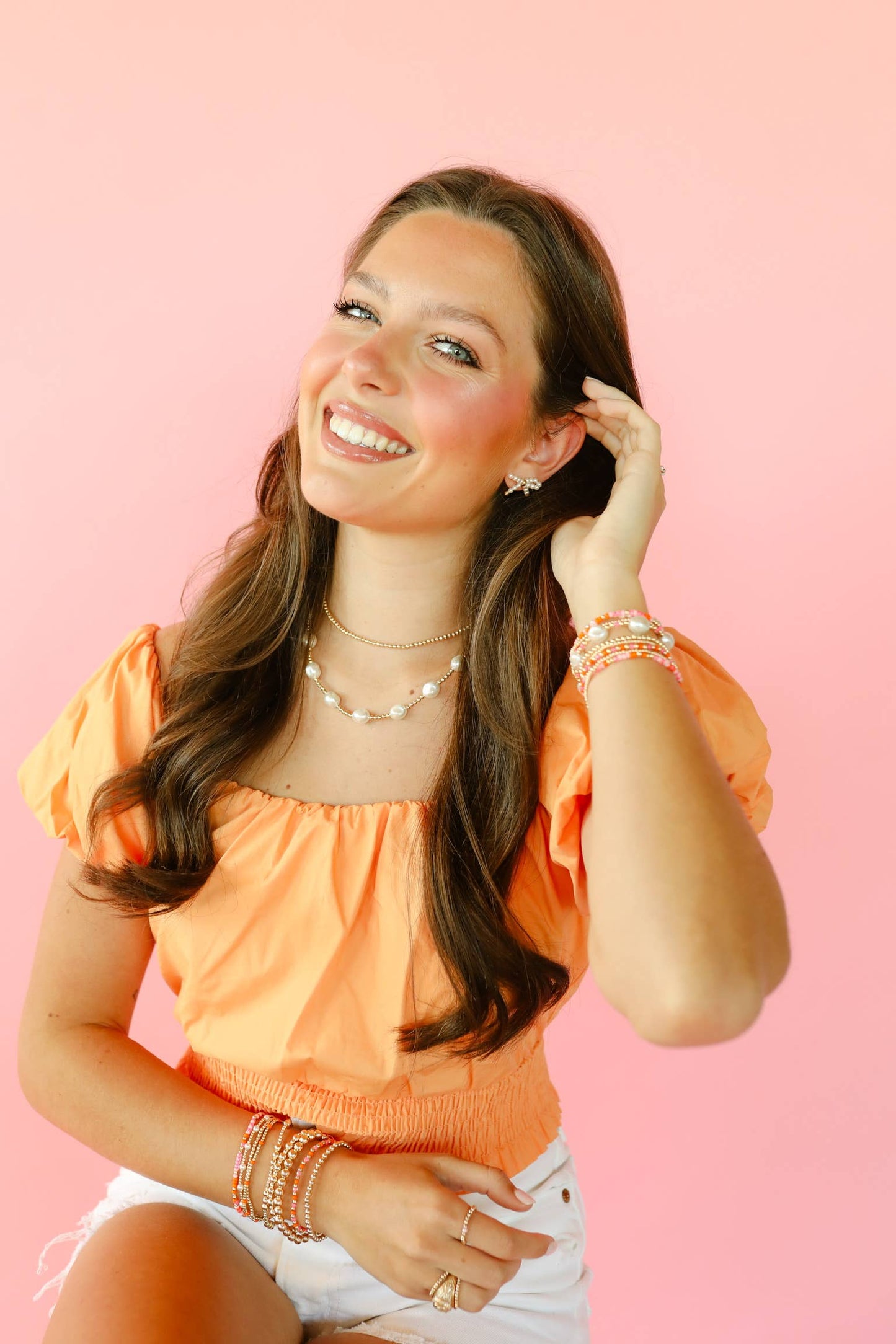 Pinks & Orange Sprinkle Bracelet: Standard 6.75 Inch
