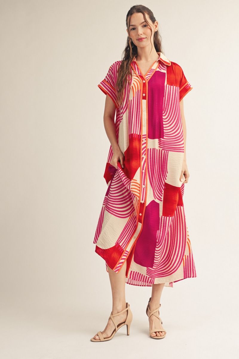 Magenta Geo Print Midi Dress