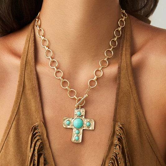 NOTABLE HAMMERED CROSS FRONT TOGGLE NECKLACE GOLD