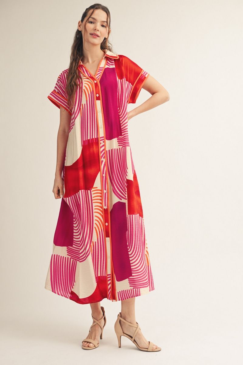 Magenta Geo Print Midi Dress