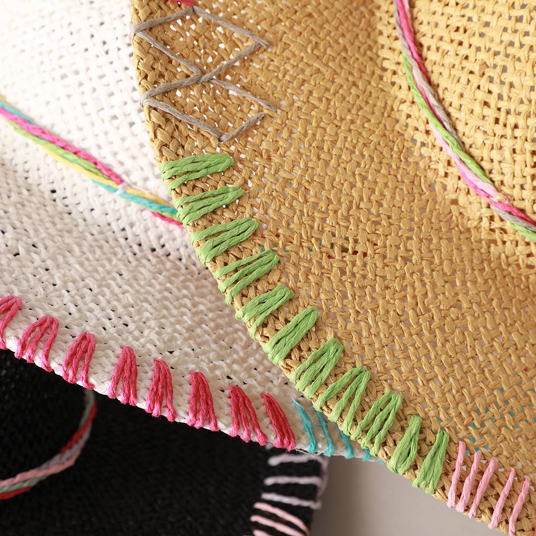 Multi-Colored Stitched Brim Panama Hat: DK.NATURAL / ONE SIZE