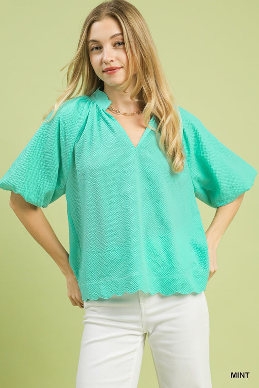 Scalloped Bubble Sleeve Top Mint