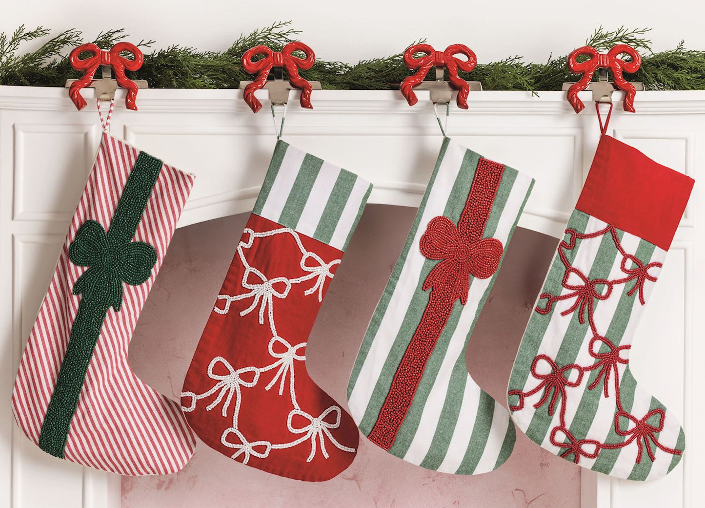 Red Base White Bow Beaded Stocking