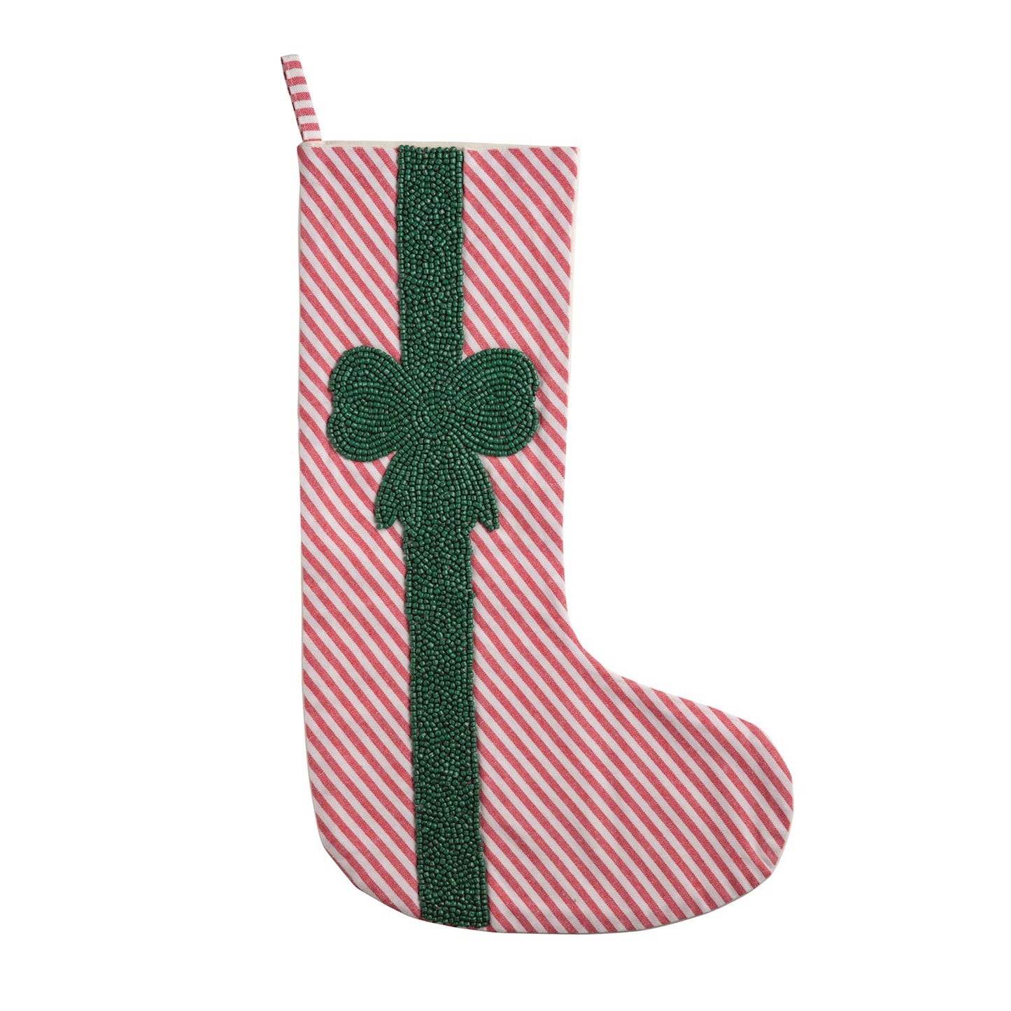 Red Base White Bow Beaded Stocking