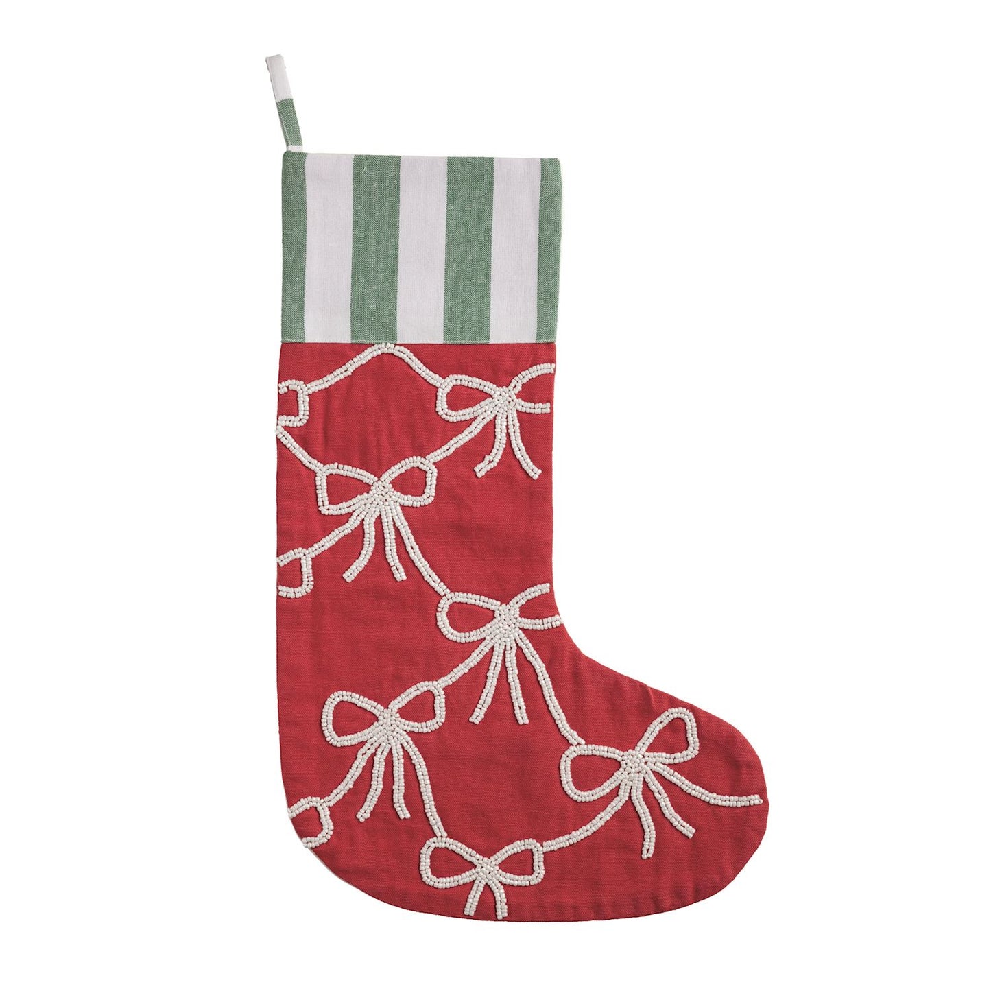 Red Base White Bow Beaded Stocking