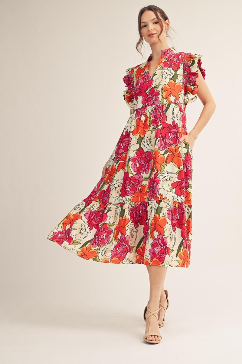 Floral Ruffled Sleeve Midi Dress