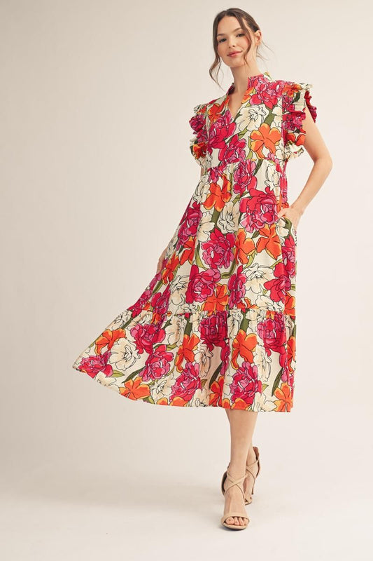 Floral Ruffled Sleeve Midi Dress