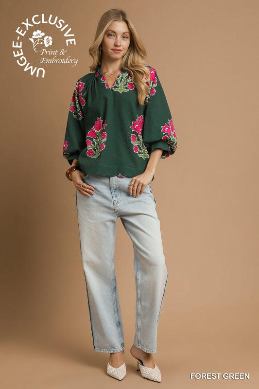 Bubble Sleeved Tulip Print Split V Neck Top Forrest Green