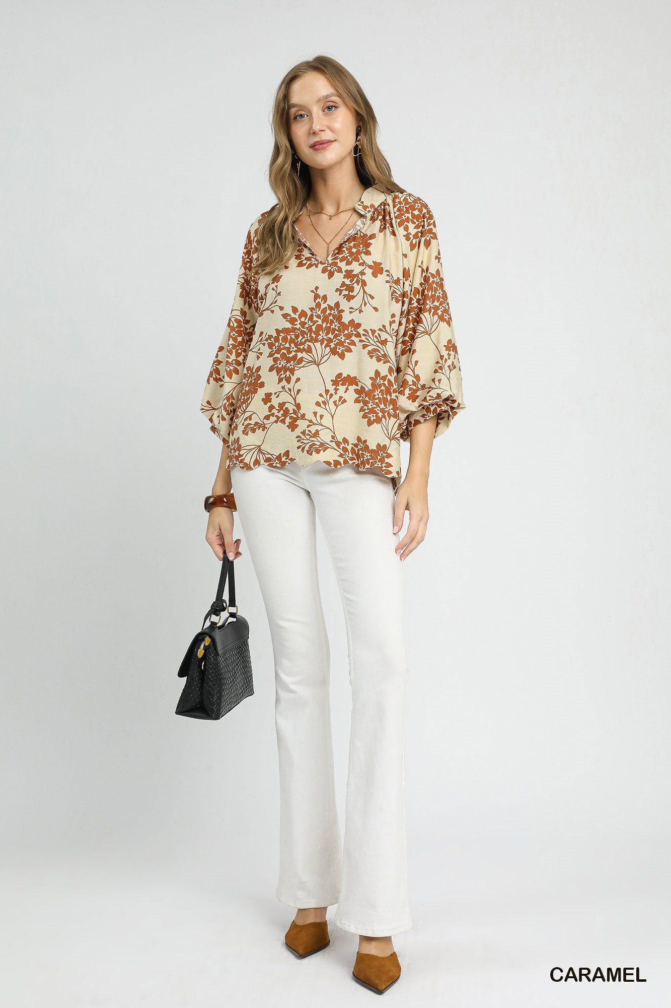 Cherry Blossom Print Scalloped Hem Blouse Caramel