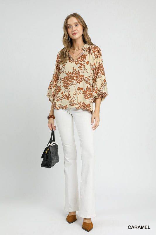 Cherry Blossom Print Scalloped Hem Blouse Caramel