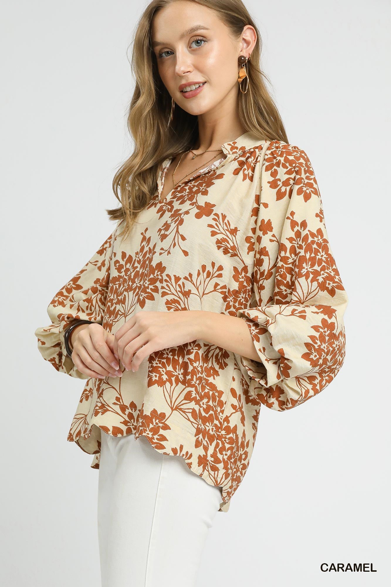 Cherry Blossom Print Scalloped Hem Blouse Caramel
