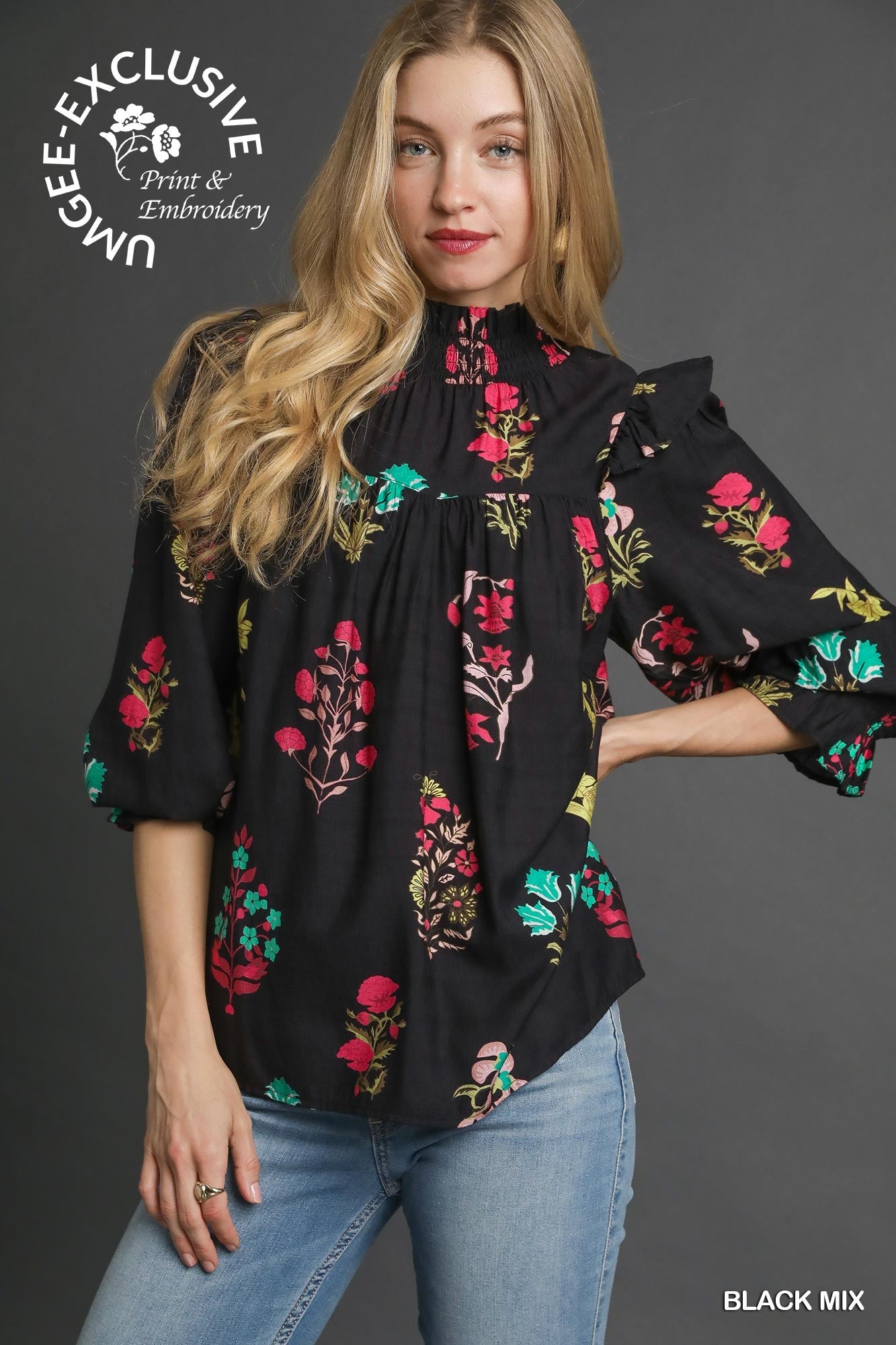 Floral Print Smocked Ruffle Blouse Black