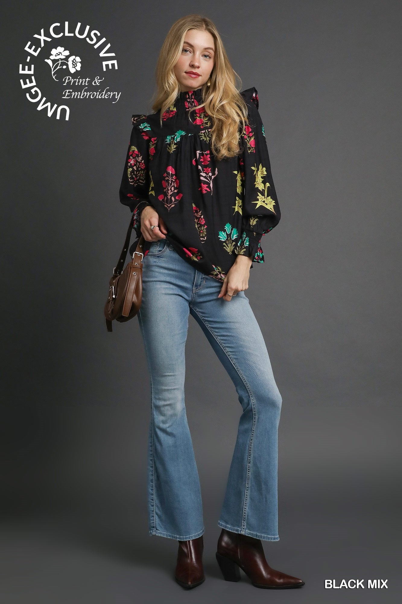 Floral Print Smocked Ruffle Blouse Black