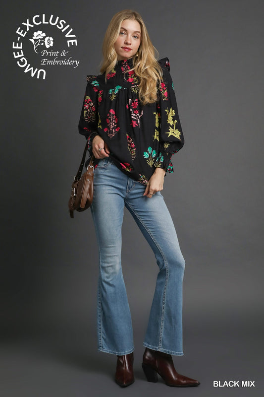 Floral Print Smocked Ruffle Blouse Black