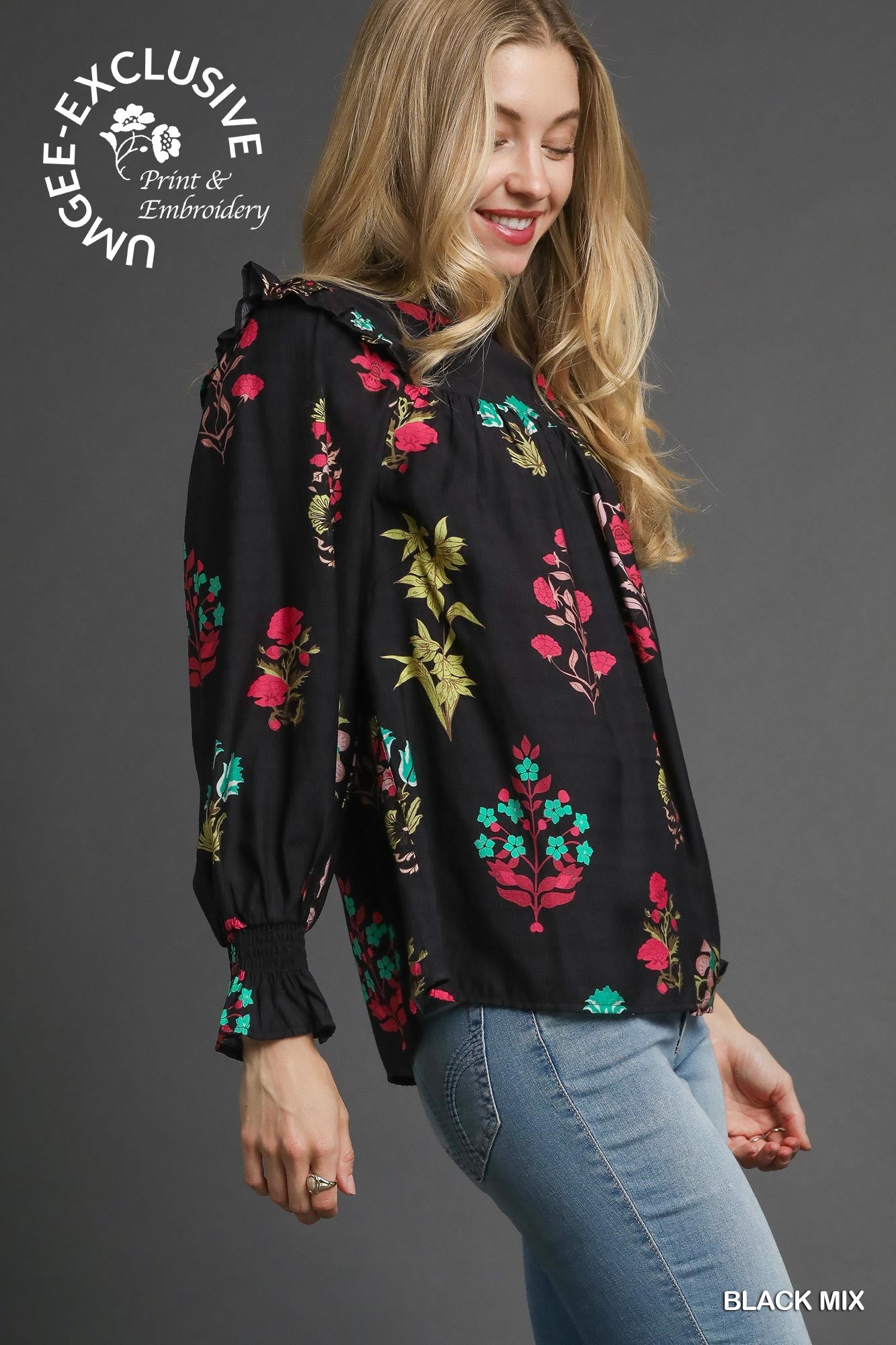 Floral Print Smocked Ruffle Blouse Black