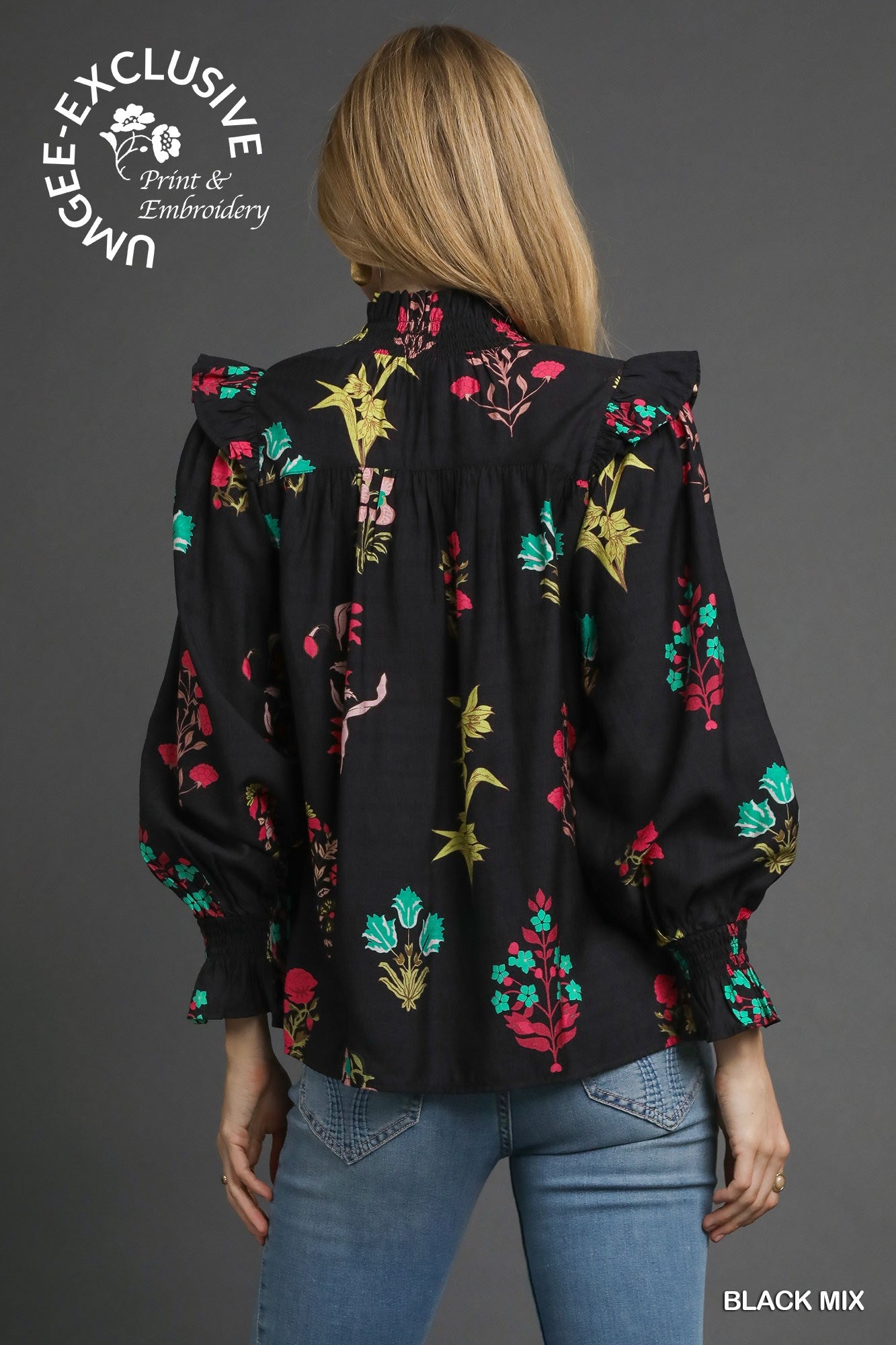 Floral Print Smocked Ruffle Blouse Black
