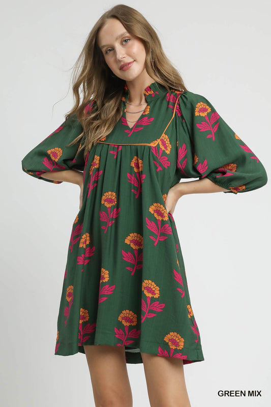Floral Print Babydoll Tunic Dress Green