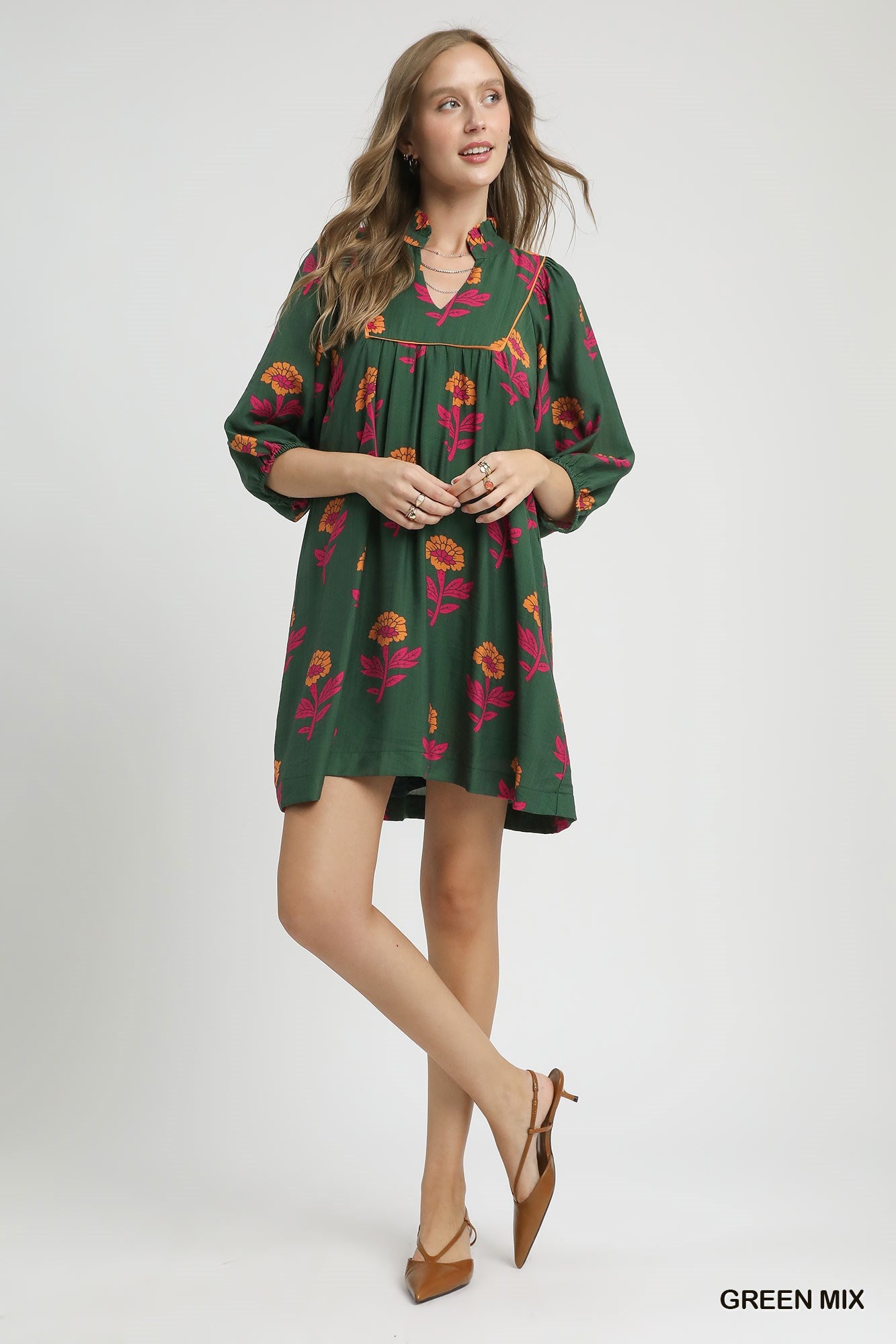 Floral Print Babydoll Tunic Dress Green