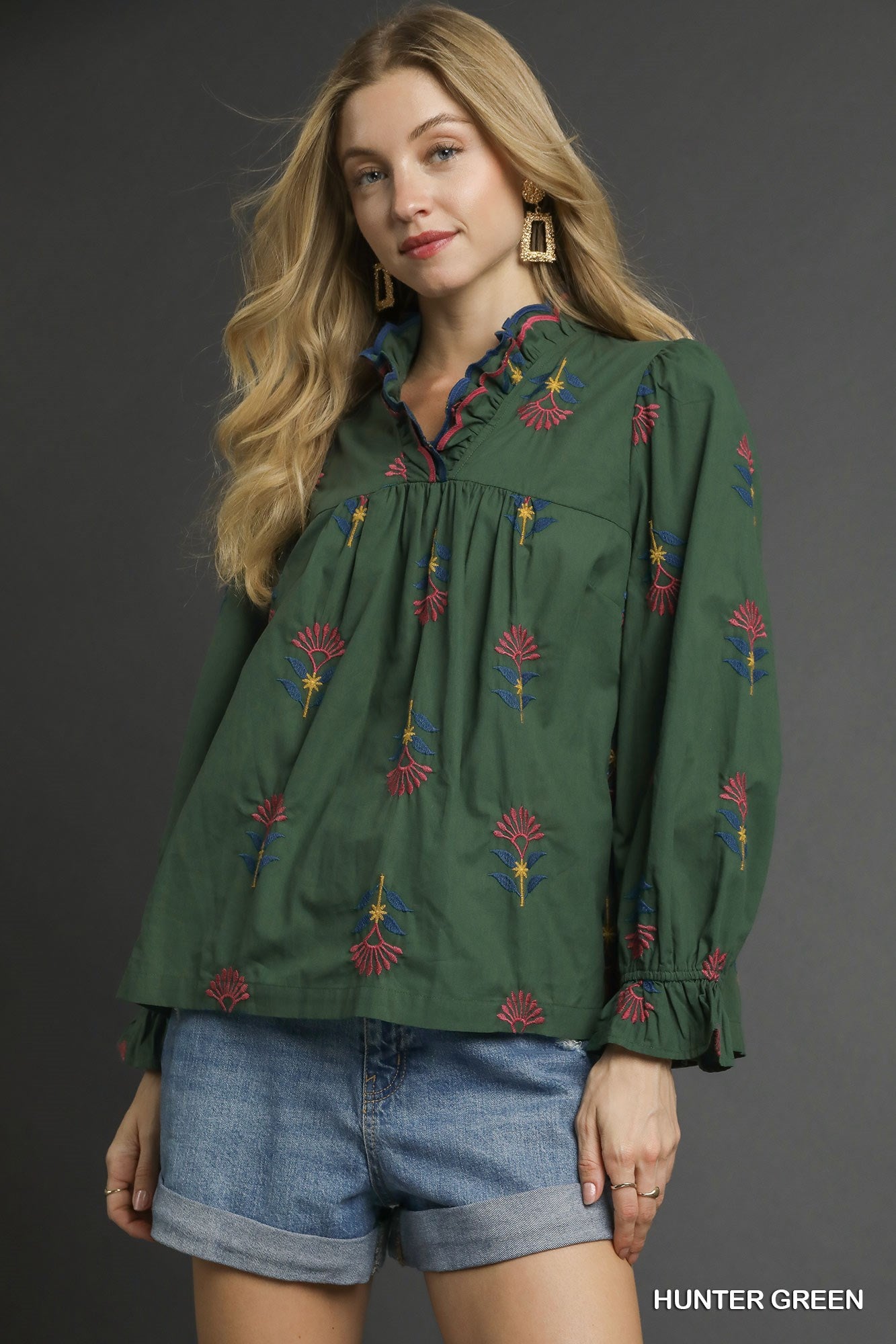 Embroidered Floral Ruffle Neck Blouse