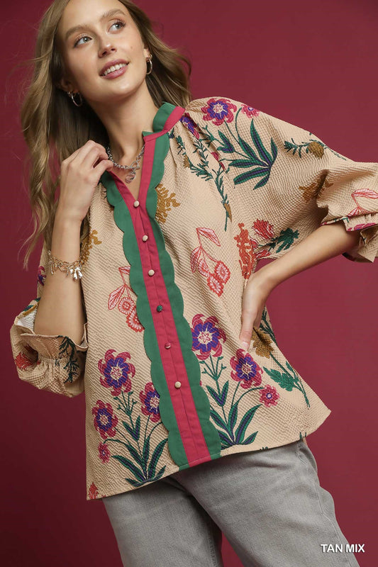 Mix Floral Textured Blouse with Scalloped Trim