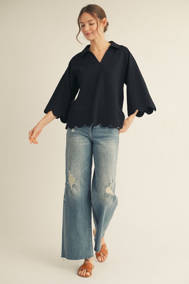 Scalloped Edge V Neck Top