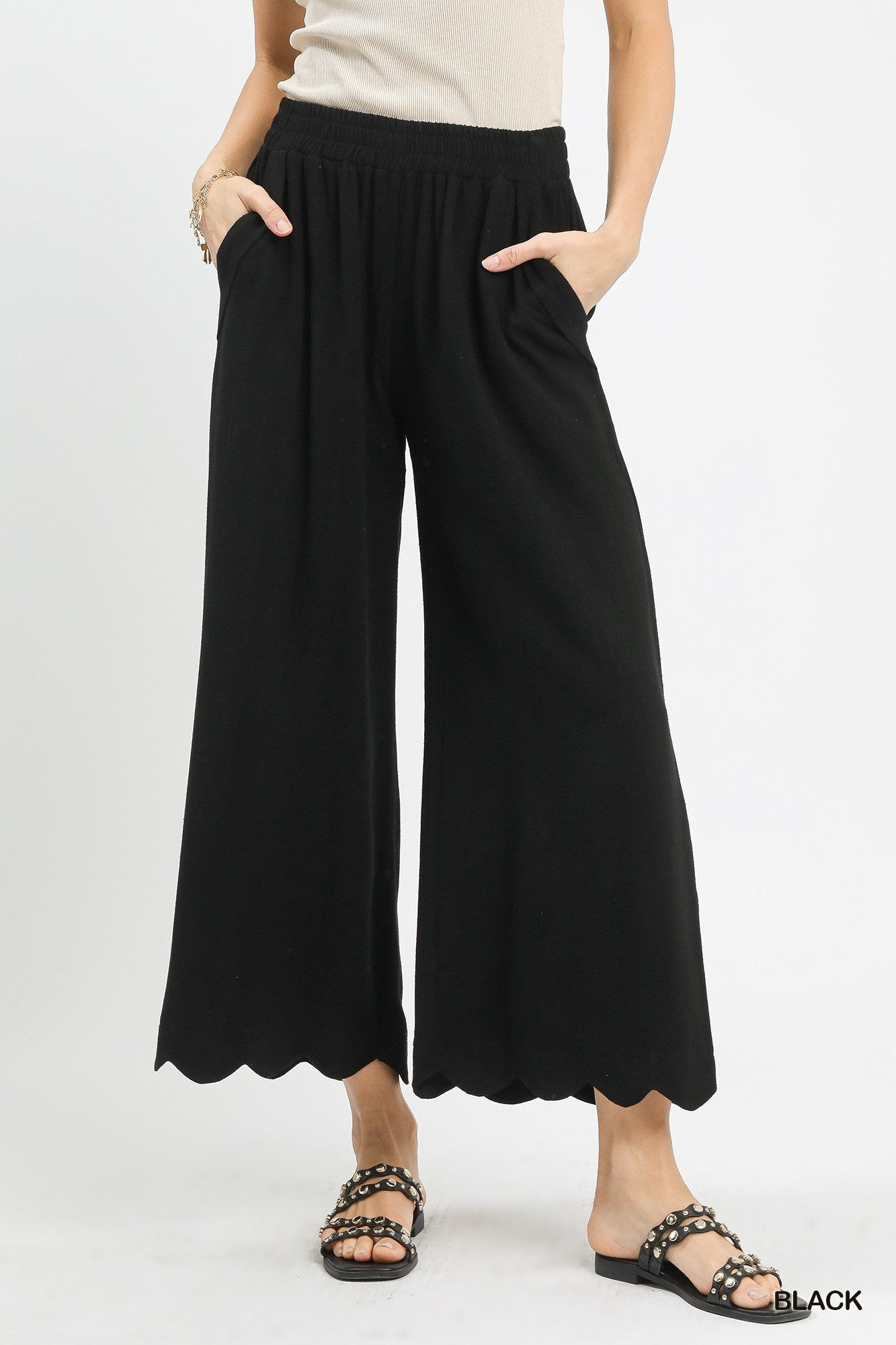 Scalloped Linen Pants Black