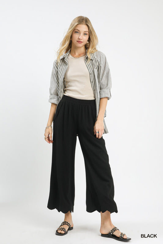 Scalloped Linen Pants Black