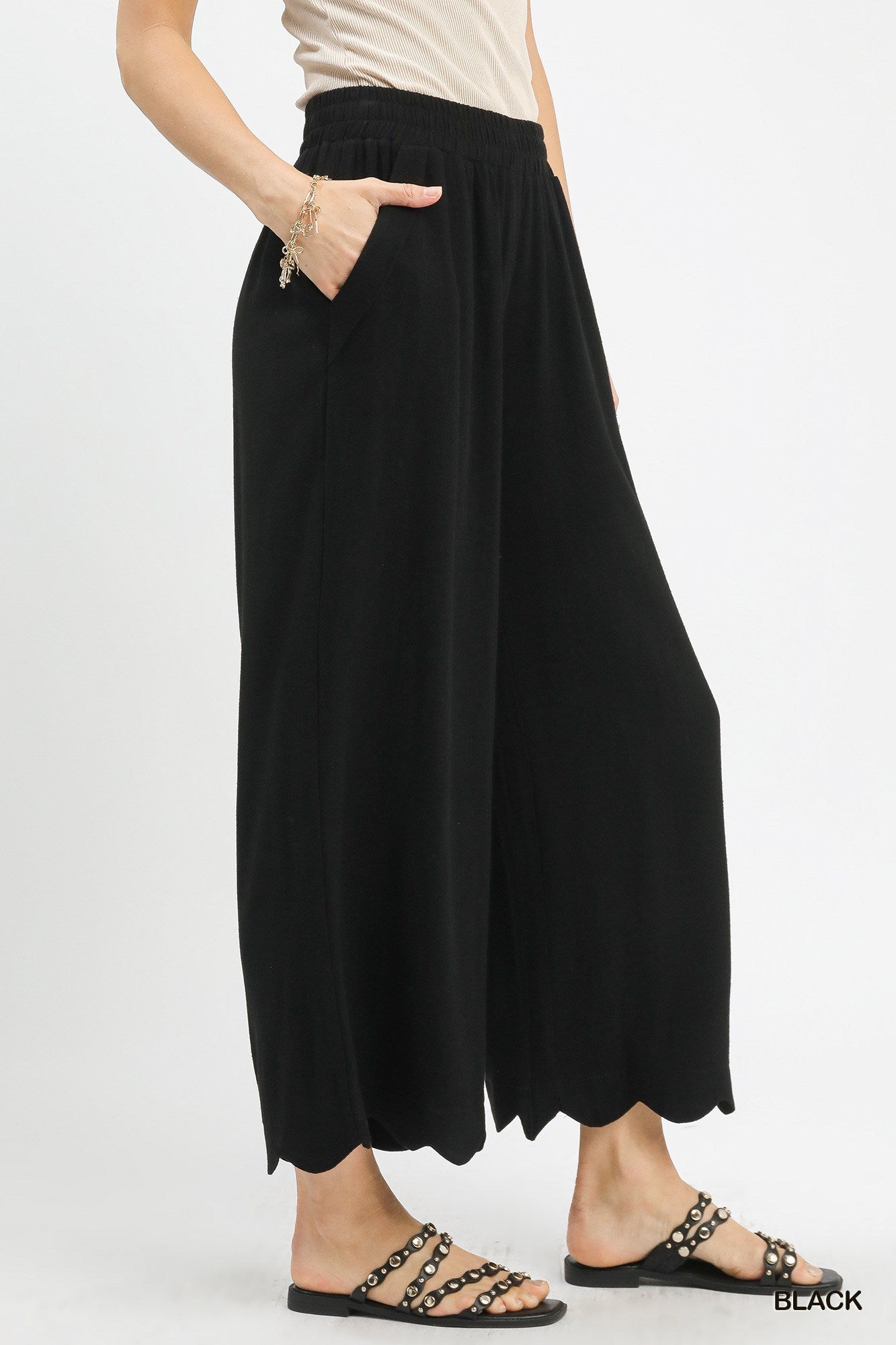 Scalloped Linen Pants Black