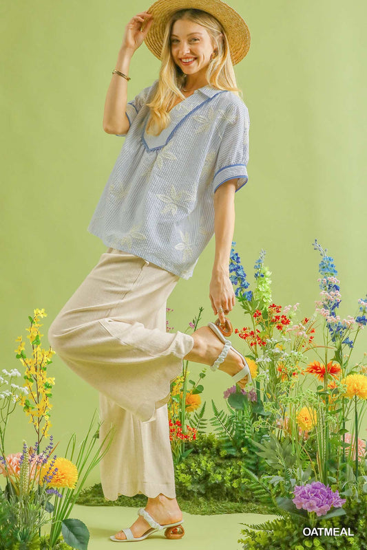 Scalloped Linen Pants Oatmeal