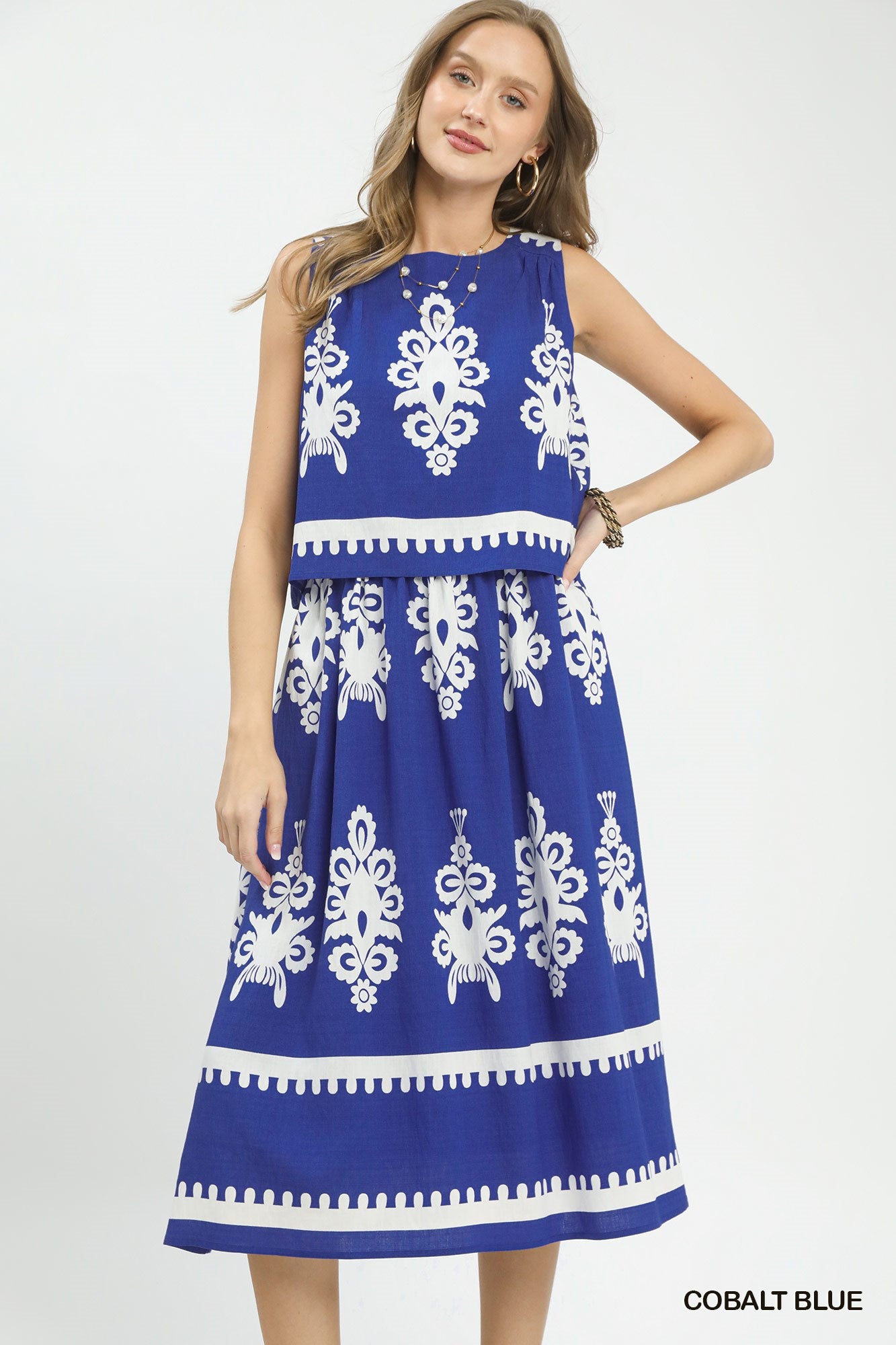 Royal Print Tiered Midi Dress