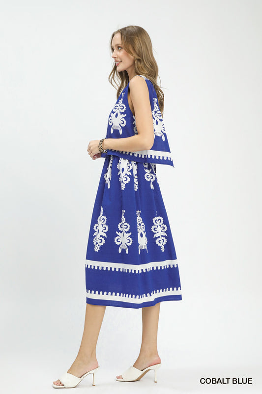 Royal Print Tiered Midi Dress