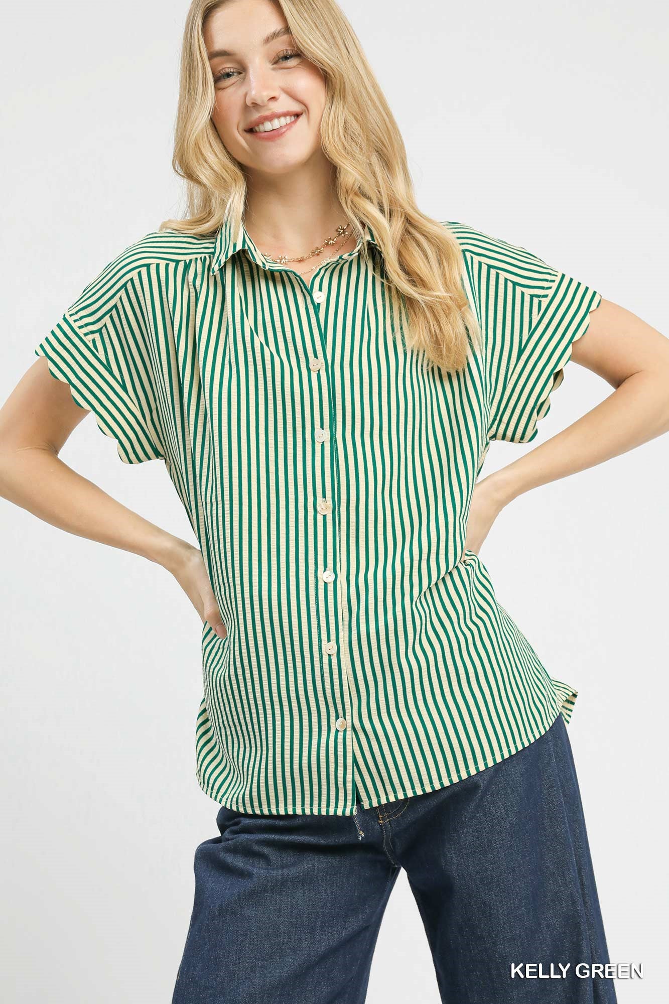 Scalloped Sleeve Stripe Button Down Green