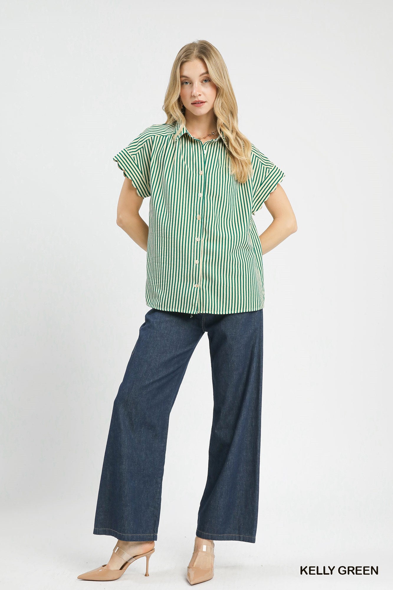 Scalloped Sleeve Stripe Button Down Green
