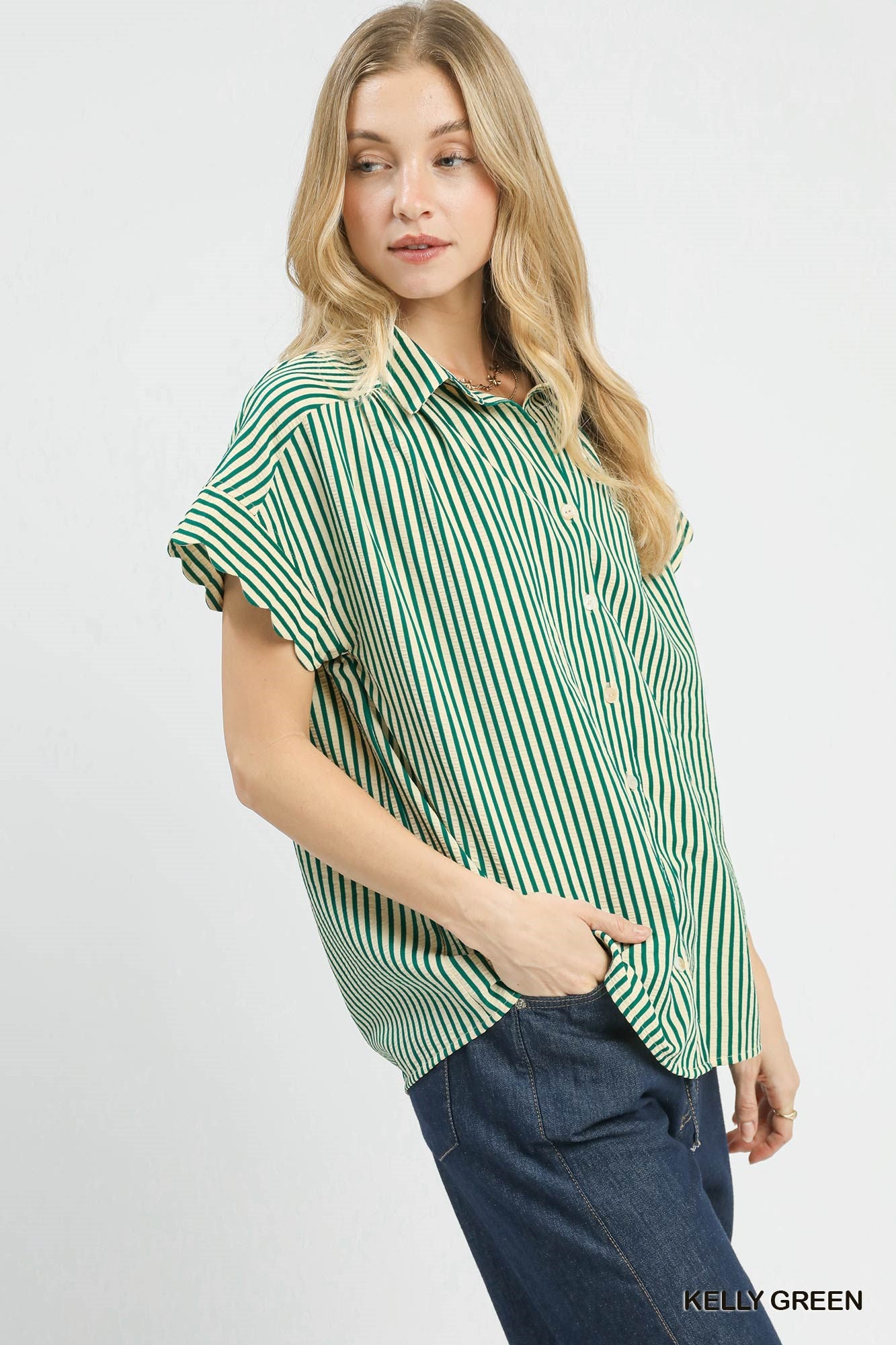 Scalloped Sleeve Stripe Button Down Green