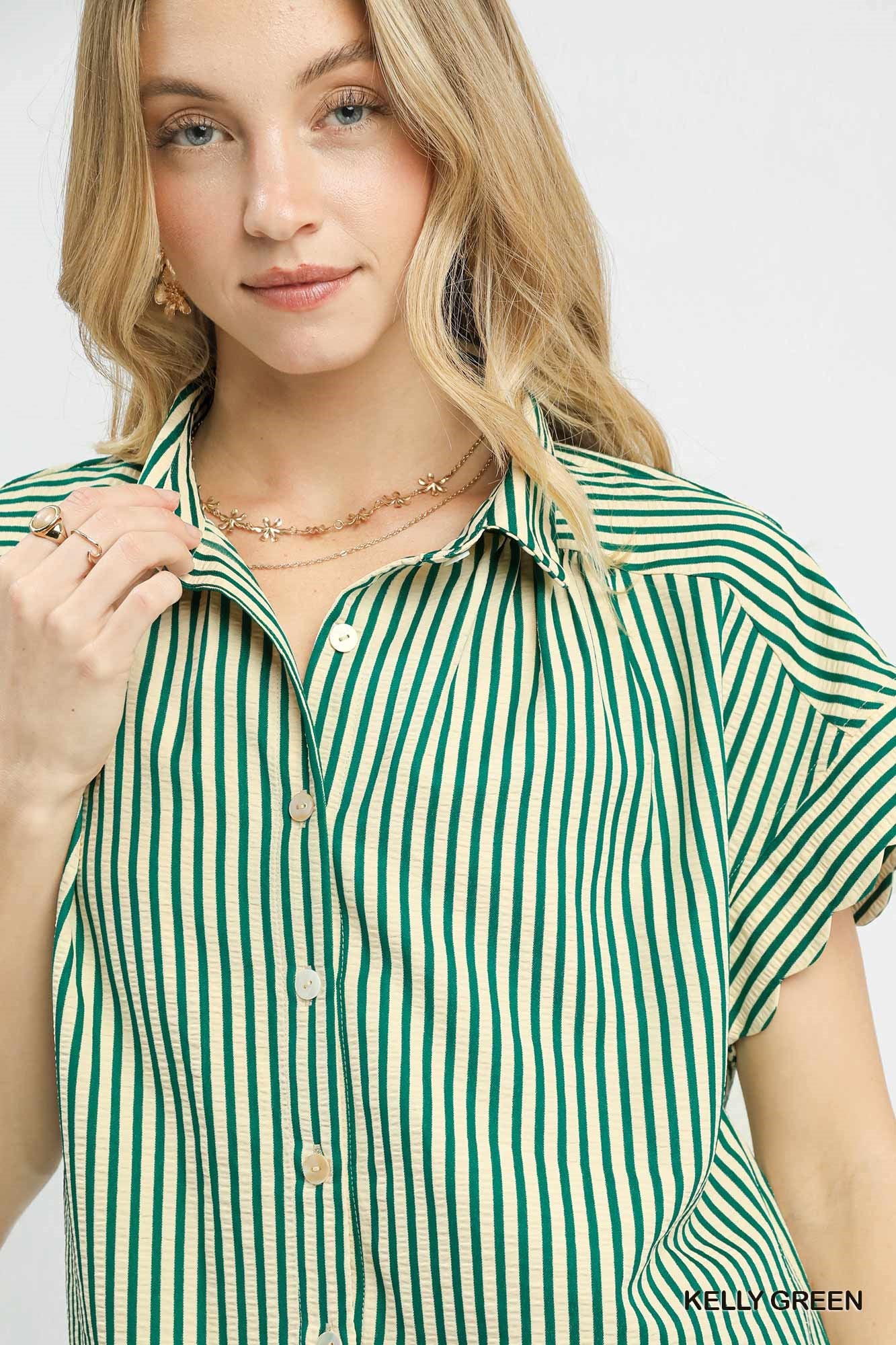 Scalloped Sleeve Stripe Button Down Green