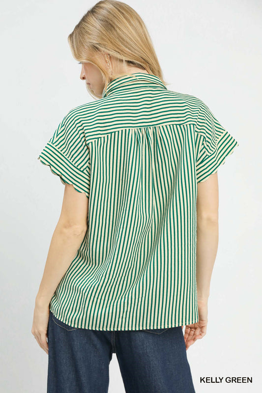 Scalloped Sleeve Stripe Button Down Green
