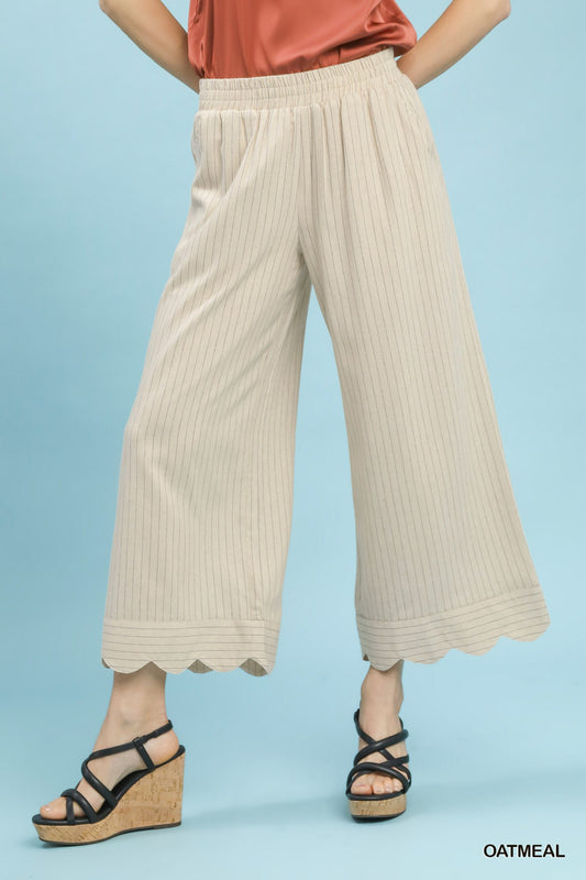 Pinstripe Scalloped Linen Pants Oatmeal