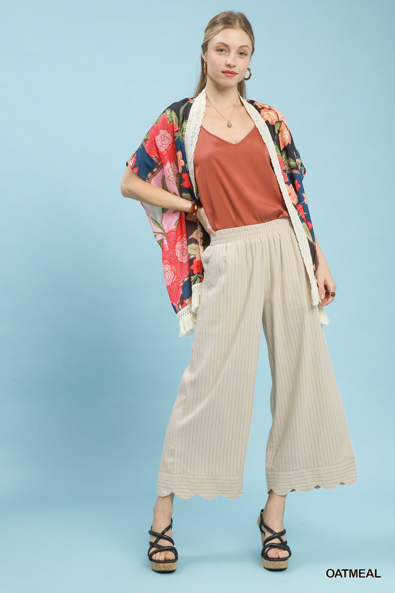 Pinstripe Scalloped Linen Pants Oatmeal