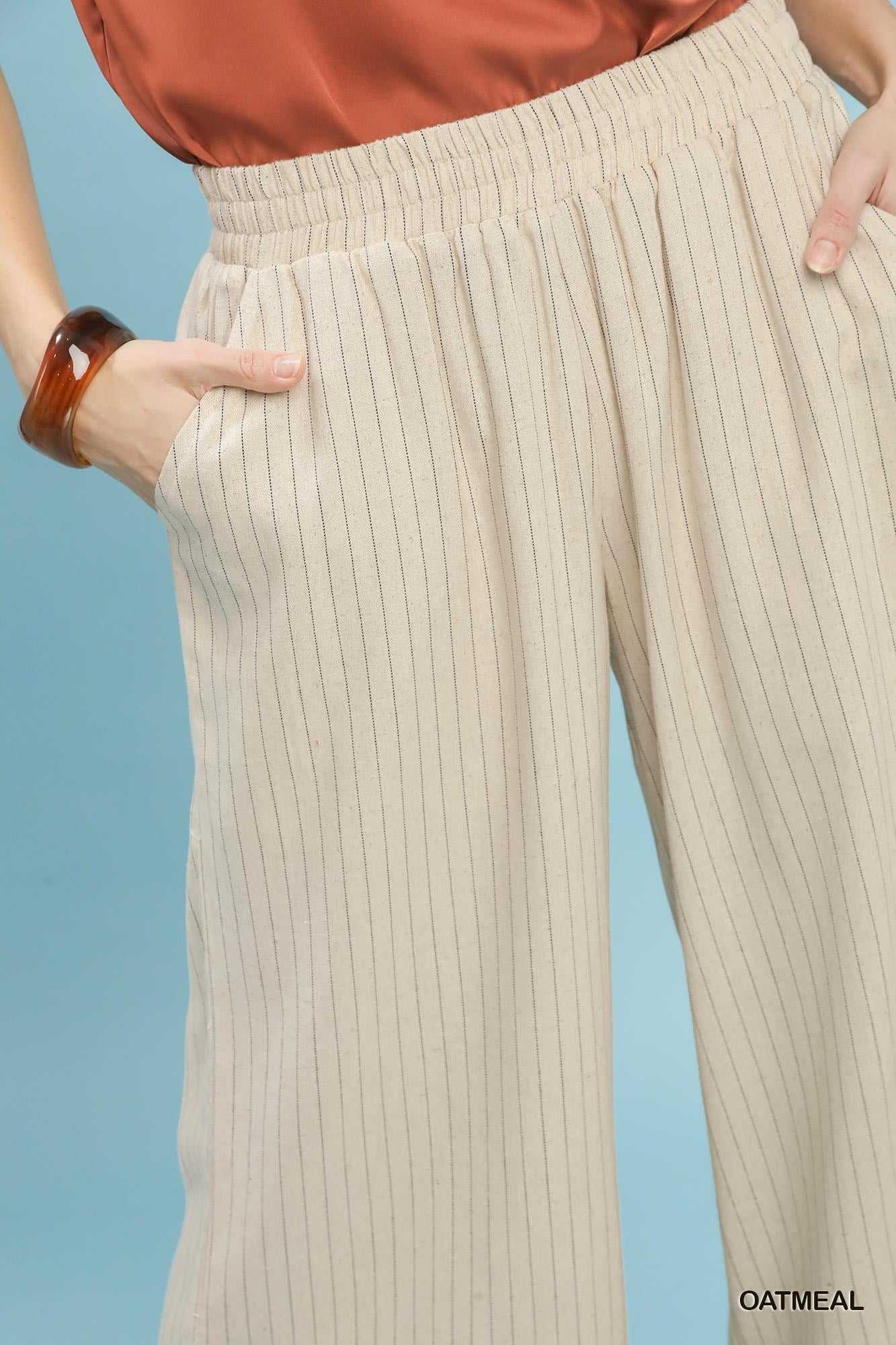 Pinstripe Scalloped Linen Pants Oatmeal