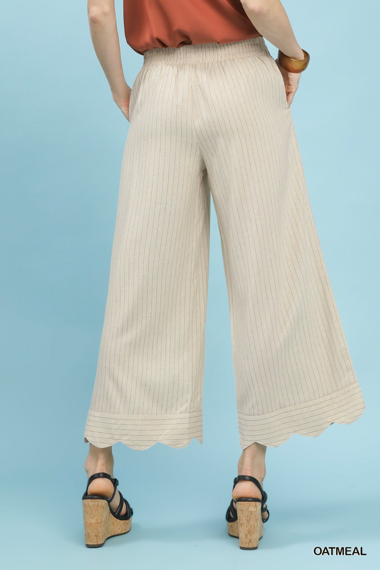 Pinstripe Scalloped Linen Pants Oatmeal