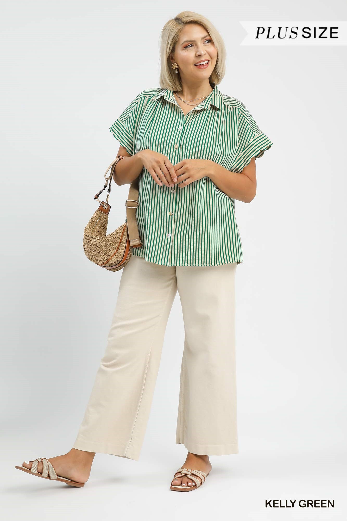 Scalloped Sleeve Stripe Button Down Green