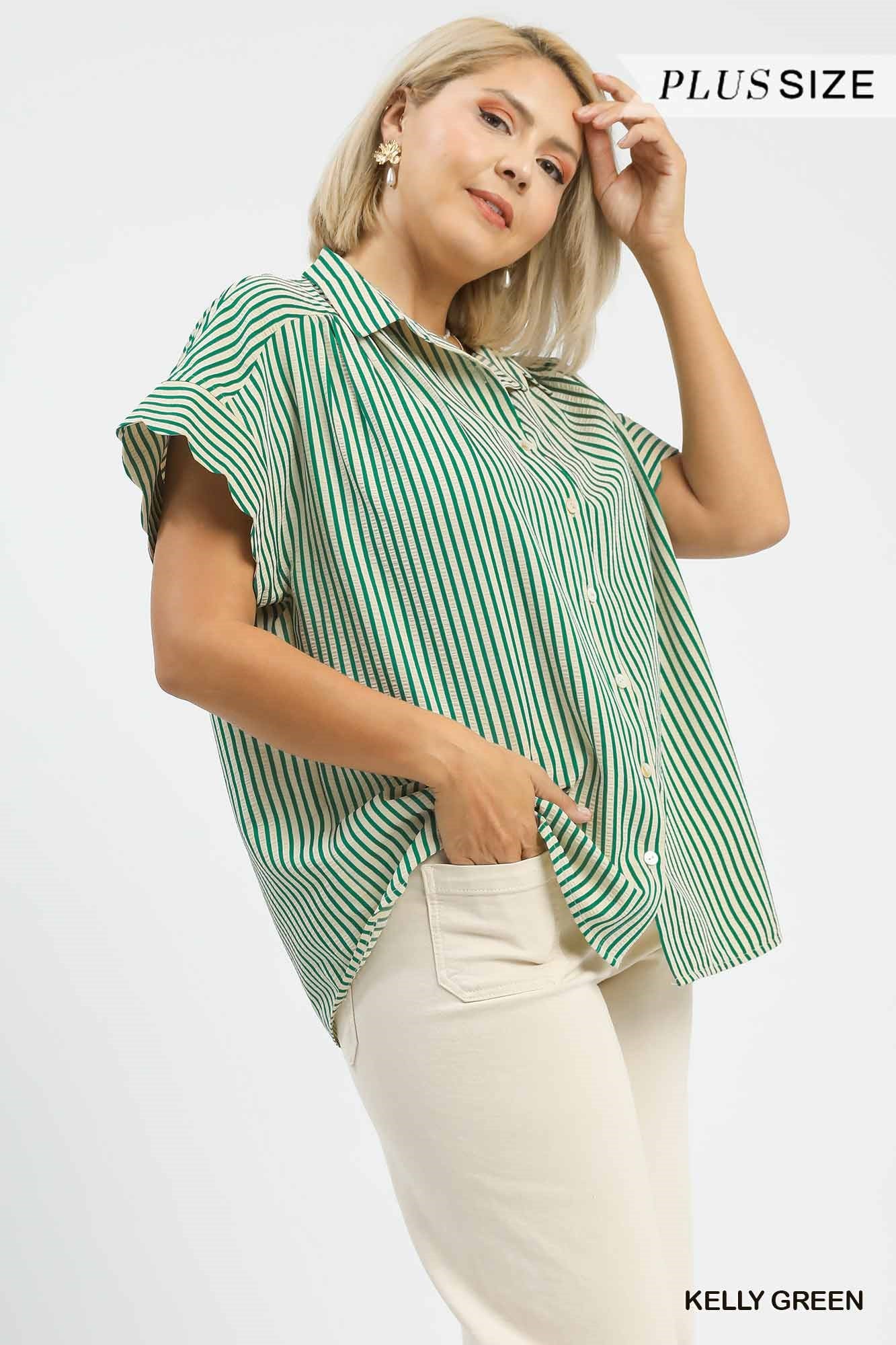 Scalloped Sleeve Stripe Button Down Green