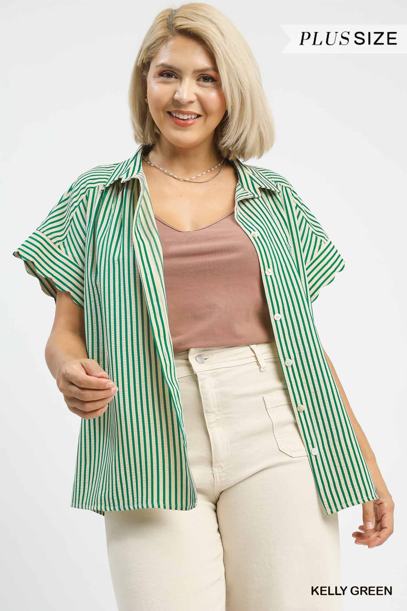 Scalloped Sleeve Stripe Button Down Green