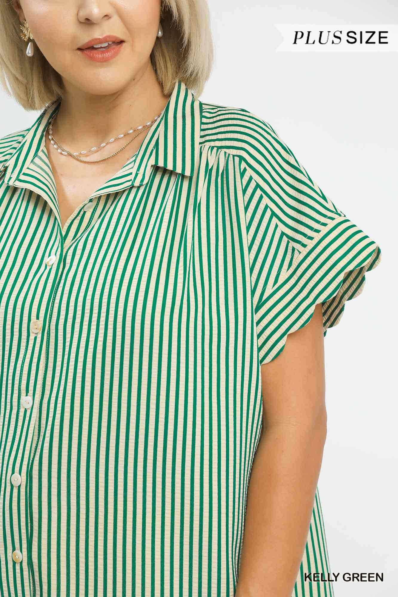 Scalloped Sleeve Stripe Button Down Green